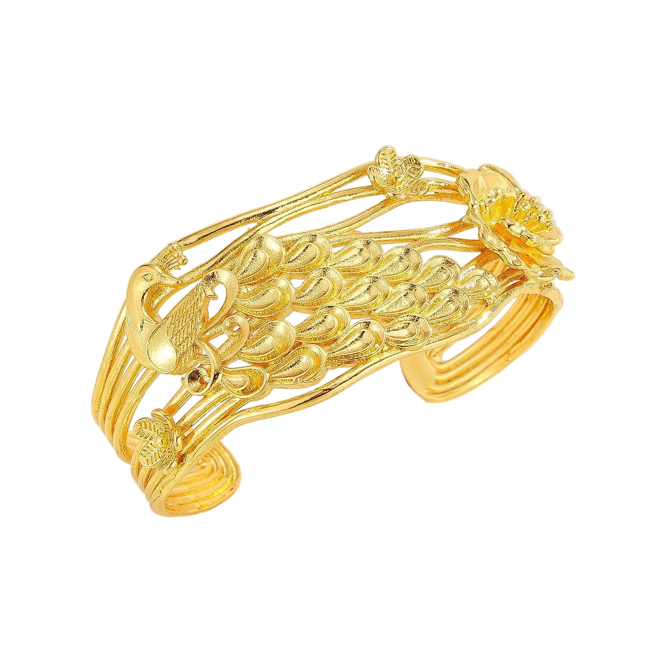 Gold bracelet with intricate design on a light background