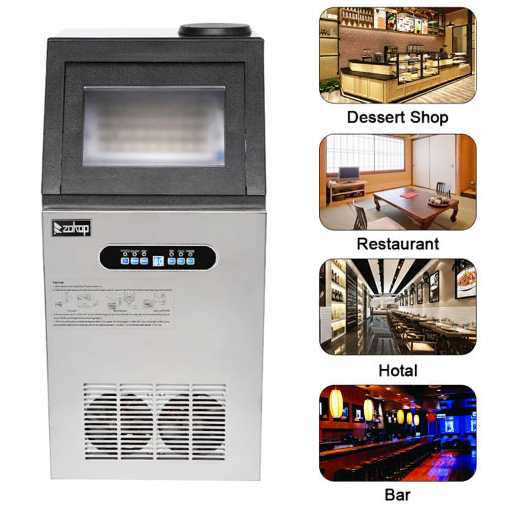 Ice machine with images of a dessert shop, restaurant, hotel, and bar indicating its use in various settings.