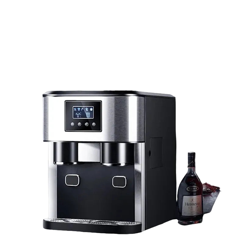Multifunctional ice maker with digital display on a kitchen counter, featuring a bottle of Heineken and a bowl of fruit.
